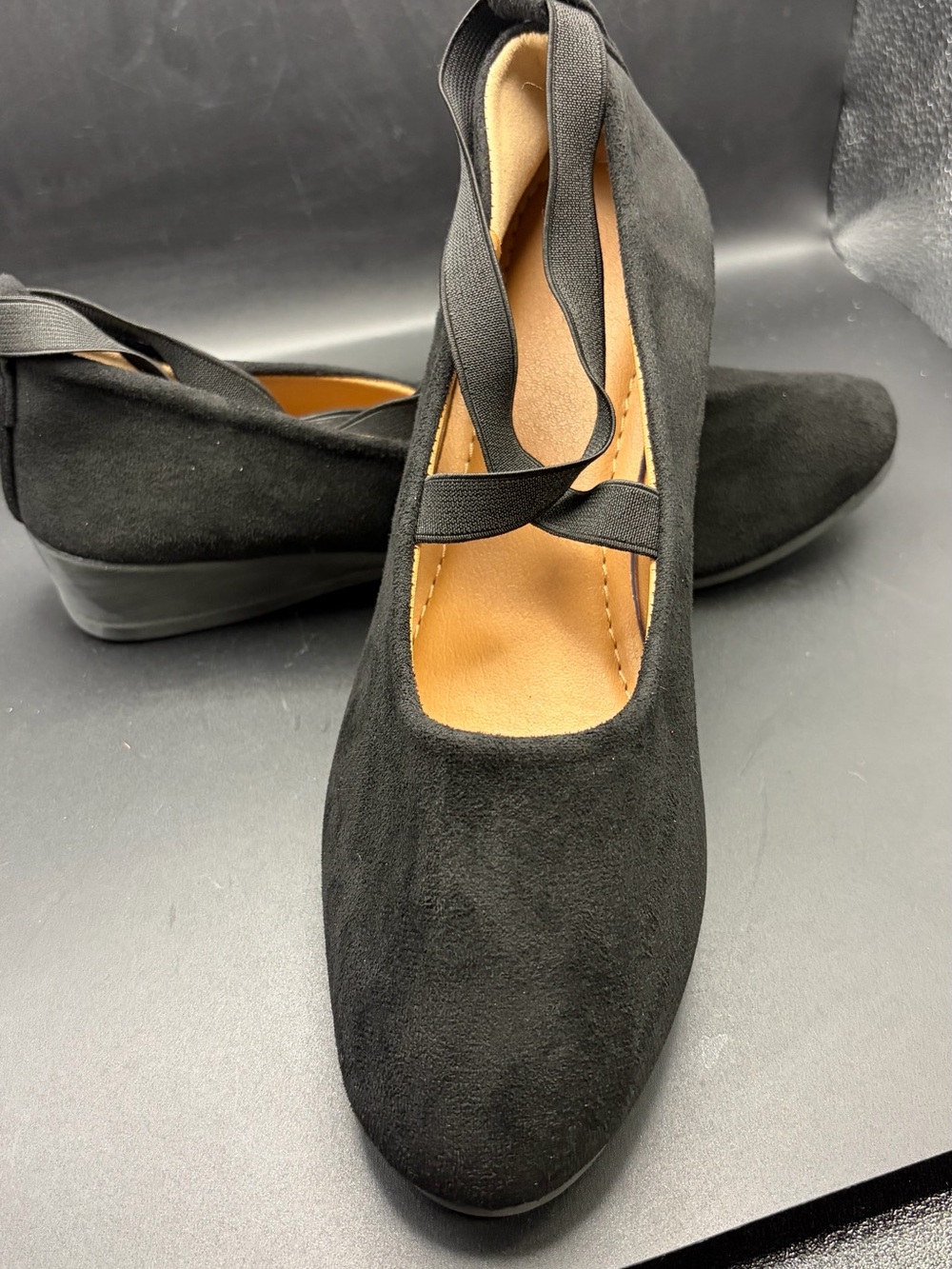 Women’s Black Suede Ballet Flats with Crisscross Strap